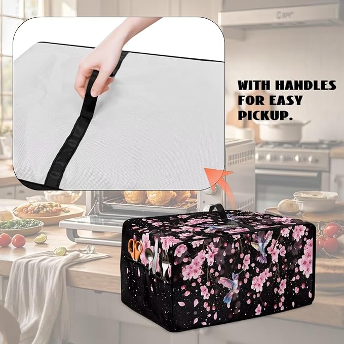 Hummingbird Cherry Blossom Print Toaster Oven Cover, Heat-Resistant Toaster Cover Dust-Proof Microwave Oven Protector, Protections for Kitchen, Black, (Small-14.5*18.46*9 inches)