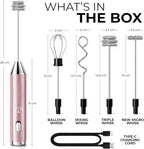 Zulay Kitchen Metal Rechargeable Milk Frother, 3 Whisk Attachments Handheld Frother Wand, 1800mAh USB-C Charging, Electric Drink Mixer for Protein, Matcha & Powders - One Charge Lasts up to 6 Months