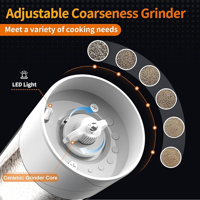 2Pack Electric Salt and Pepper Grinder Set USB Rechargeable with Warm LED Light, Adjustable Coarseness Lidaop Large Capacity Automatic Salt Pepper Mill Grinder for Kitchen, Restaurant, Outdoor, White