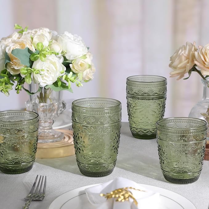 abrwyy 6Pcs 14OZ Drinking Glasses, Green Drinking Glasses, Colored Glassware Drinking, Highball Beverage Glasses Cup, Vintage Glassware Set for Water, Juice, Cocktail, Coffee