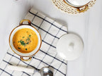 ONEMORE Ramekins with Lids, 12 oz Ceramic Small Casserole Dish with Handles & Brown Rim for Baking Soup, Speckled Oven Safe Mini Dutch Oven Rustic Cocotte Set of 4 for Individual Serving, Creamy White