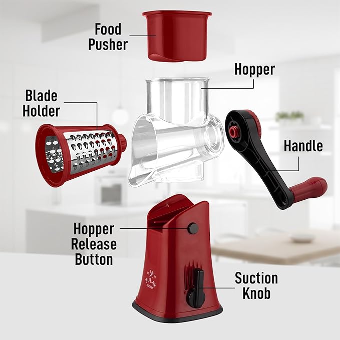 Zulay Kitchen Rotary Cheese Grater 5 Blade Cheese Shredder - Manual Hand Crank Cheese Grater With Reinforced Suction & 5 Interchangeable Drums - Easy to Use, Vegetable Chopper Round Mandoline Slicer