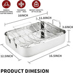 QPMR 16.5inch Roasting Pan with V-Shape Rack - Stainless Steel Large Turkey Roaster Pan for Turkey, Chicken, Ham Roaster with V-Shaped Baking Rack Heavy Duty Dishwasher Safe, Hold up to 22LB