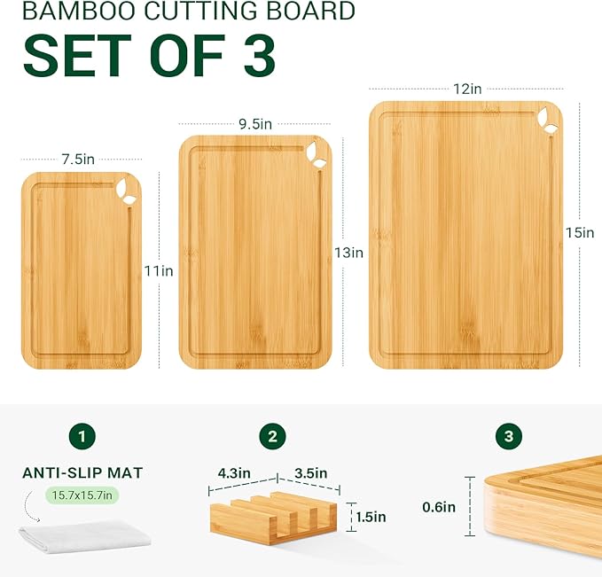 Bamboo Cutting Boards for Kitchen with Holder & Silicone Mat, Lightweight & Knife-Friendly Wood Cutting Board Set with Side Handles and Juice Grooves, Natural