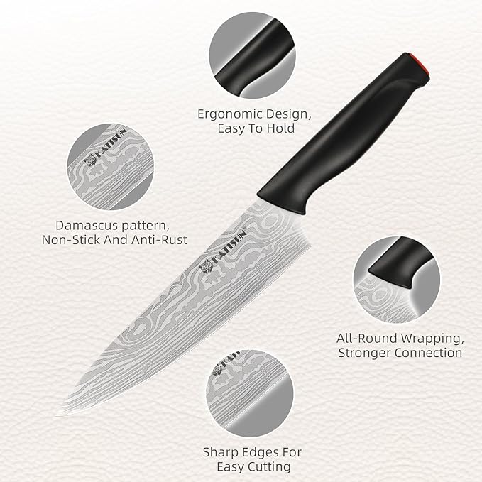 Damascus Pattern 15-Piece Kitchen Knife Set with Block, High Carbon Steel Chef Knife, Includes Sharpener and Scissors, Ergonomic Black Anti-Slip Handle and Red Trim, Perfect for Professionals