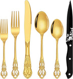 Gold Silverware Set, Ollex 24 Pieces Retro Flatware Set for 4 with Spoons Forks Black Steak Knives Anti-rust Silverware Steel Cutlery Set, Gold Utensil set Mirror Polished&dishwasher safe