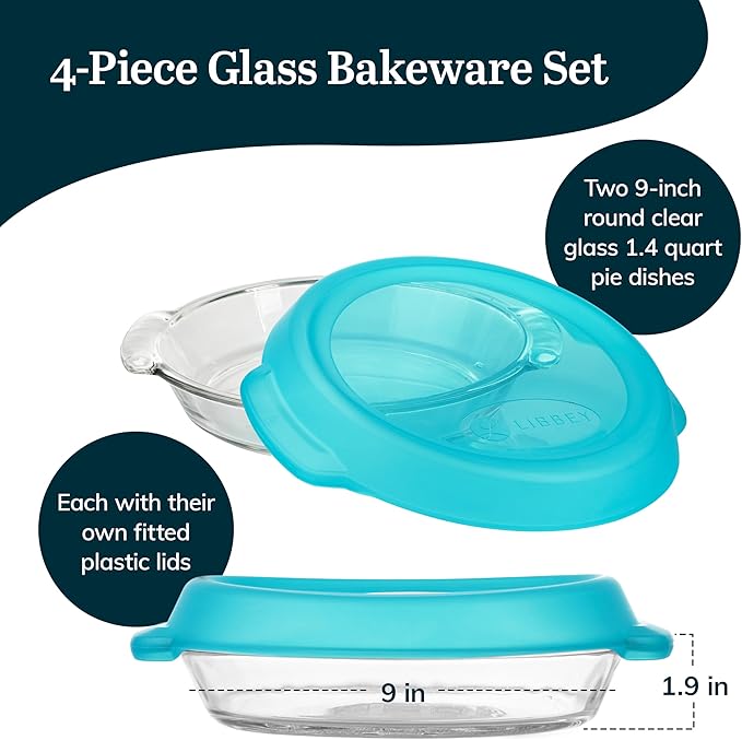 Libbey Baker’s Premium 2 Piece Glass Pie Plate, Stackable, Space Saving Casserole Dish Set with Lids, Glass Baking Dish Set for Fruit Pies, Quiches