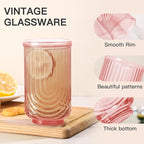 JOVGANK Pink Vintage Glassware Set of 6-17Oz Pink Water Drinking Glass, Art Deco Ripple Highball Glass, Whiskey Cocktail Glasses, for Bar Ice Coffee Juice, Housewarming Gifts and Mother's Day Gift