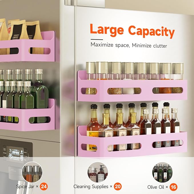 Sevenblue 4 Pack Strong Magnetic Spice Rack for Refrigerator, Multipurpose Magnetic Shelf for Fridge with 4 Hooks for kitchen and Bathroom Organization, Pink