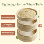 HAPPI STUDIO Bamboo Steamer Basket 10 Inch - 2 Tier Dumpling Steamer for Cooking Dim Sum Bao Buns Momo Rice Vegetables - Chinese Basket for Dumplings with Lid - Japanese Steam Baskets