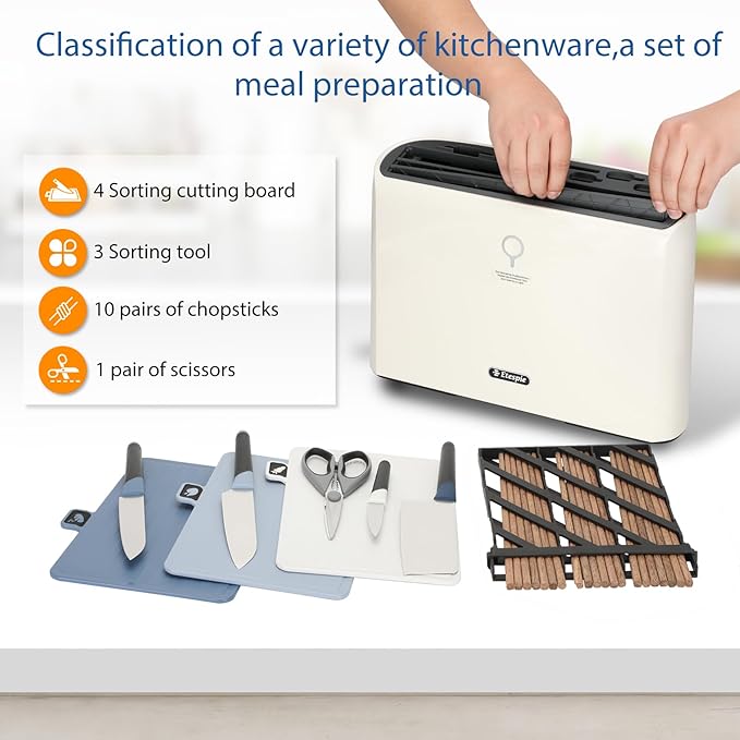 Smart Cutting Board and Knife Set,Self Cleaning Cutting Board and Knife Set with 4 Stainless Steel Knives,3 Color Coded Cutting Boards,10 Pairs of Chopsticks and 1 Pair of Scissors