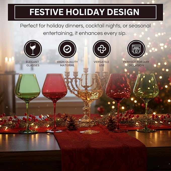 Khen Festive & Holiday Colored Wine Glasses Set of 5 In Luxurious Gift Box – 20oz Stemmed Goblets, Thanksgiving Dinner, Entertaining – Wedding Red, Green & Gold Glassware for Party Celebrations