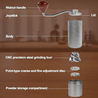 Manual Coffee Grinder Gift Box Non-Detachable Stainless Steel Conical Burr Aluminum Coffee Bean Grinder with 25 Grinding Settings Cleaning Brush Grindable Espresso Moka Pot for Camping Silver