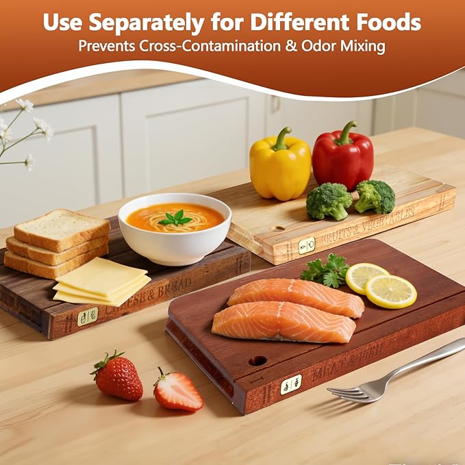 Book Cutting Board Set with Separated Stand, 3 Piece [Acacia/Ebony/Rubber] Wood Cutting Boards That Look Like Books for Kitchen Decor, Reversible Thick Chopping Board with Brass Food Labels