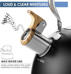 2.6 Quart Whistling Tea Kettle for Stovetop, Food Grade Stainless Steel with Cool Wood Pattern Handle, Induction Compatible, Black