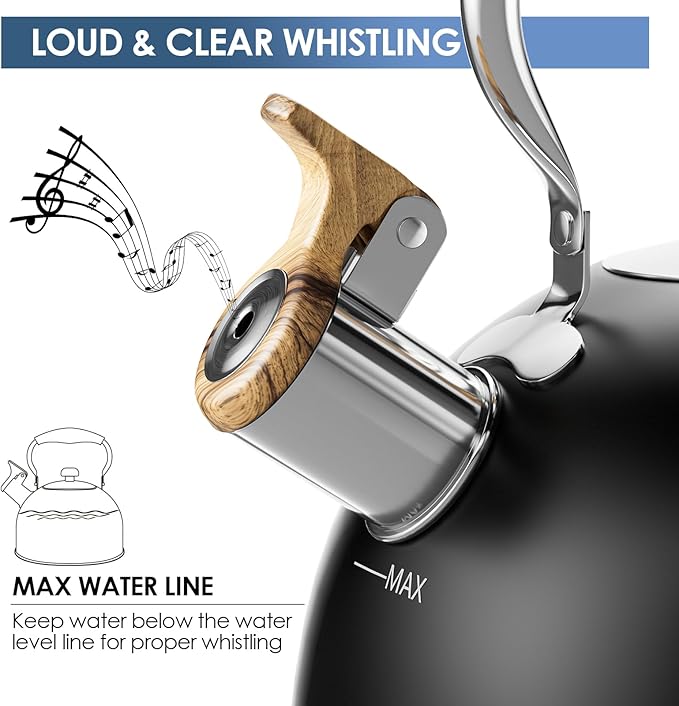 2.6 Quart Whistling Tea Kettle for Stovetop, Food Grade Stainless Steel with Cool Wood Pattern Handle, Induction Compatible, Black