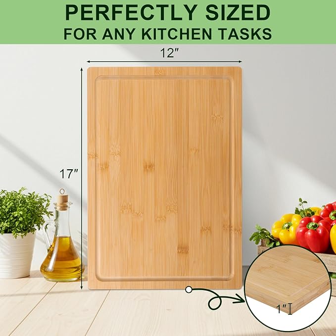 Bamboo Cutting Board for Kitchen, Thickened Chopping Board with Juice Groove & Handles, Large Double Sided Butcher Block for Meat, Vegetables & Charcuterie Serving, 17x12x1 Inch