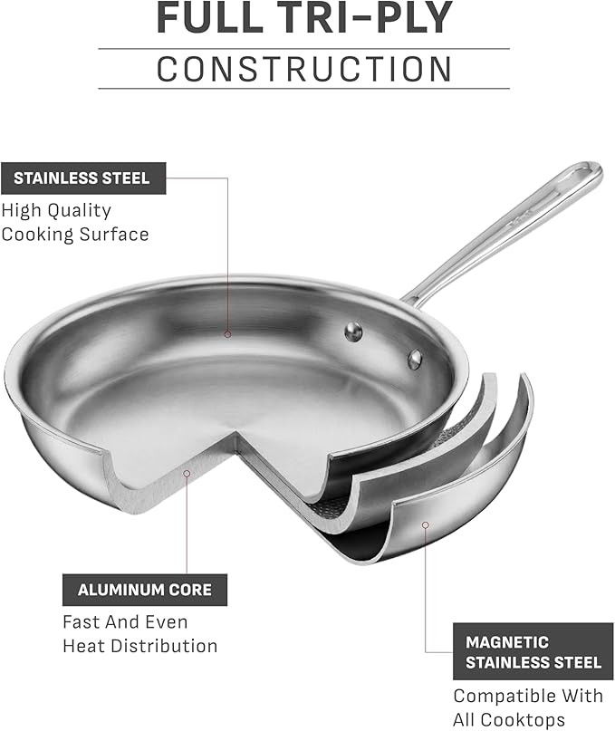 T-Fal Pro Tri-Ply Stainless Steel Fry Pan, 8 Inch, Induction Compatible, Oven Safe 500°F, Fast & Even Heat, Professional Quality & Durability, Frying Pan, Skillet, Cookware, Silver