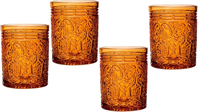 Godinger Old Fashioned Whiskey Glasses, Drinking Glasses, Vintage Decor, Glass Cups, Water Glasses, Cocktail Glasses - Jax Collection, 12oz, Orange, Set of 4