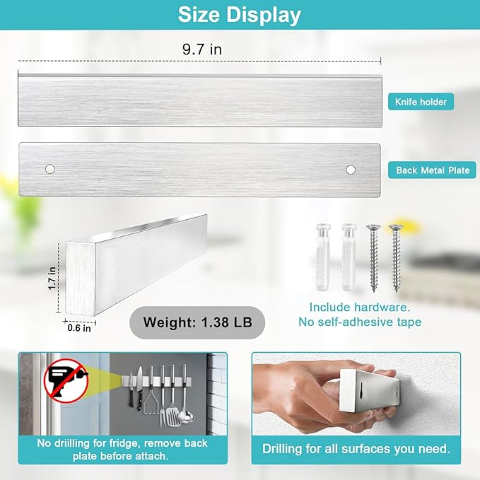 Magnetic Knife Holder for Wall, Knife Magnetic Strip Magnetic Knife Holder for Refrigerator Mount Knife Rack Kitchen Utensil Holder Metal Tool Holder Knife Block Kitchen Organizers Accessories 10 Inch