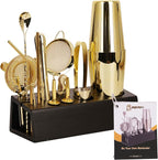 Cocktail Shaker Set Bartender Kit with Bamboo Stand, 15-Piece Stainless Steel Bar Set Accessories, Professional Bartending Kit Home Bar Tools Set with Recipes (Gold, Black Stand)