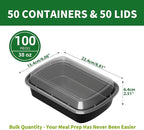 Meal Prep Containers, 50 Pack 38oz (100-Piece) Extra Thick Disposable Take Out Food Storage Containers with Lids, Large Plastic To Go Lunch Boxes, BPA Free, Microwave/Dishwasher/Freezer Safe