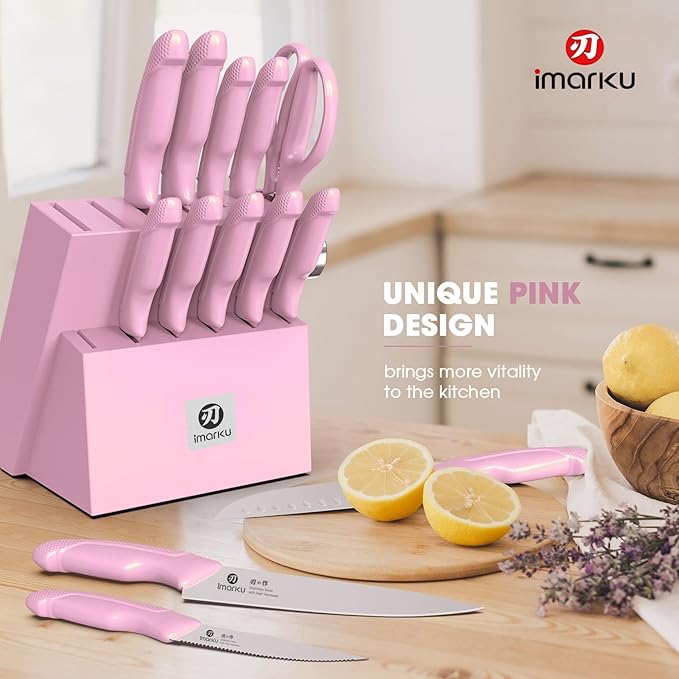 imarku Knife Set with Block, Sharp Knife Set with Built-in Sharpener, Japanese Stainless Steel Kitchen Knife Set with Non-Slip Ergonomic Handle, Dishwasher Safe, Valentine's Day Gifts, 14 PCS, Pink