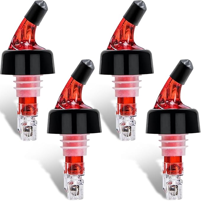 LINALL Automatic Measured Bottle Pourer - Pack of 4, 1 oz (30 mL) Quick Shot Spirit Measure Pourer Drinks Wine Cocktail Dispenser Home Bar Tools (Red 4pcs) (4)