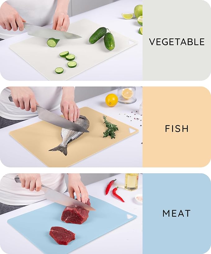 Extra Thick Flexible Cutting Boards for Kitchen, Cutting Mats for Cooking, Colored Cutting Mat Set, Non-Slip Cutting Sheets, Flexible Plastic Cutting Board Set of 3, Serving Utensils 15"x12"
