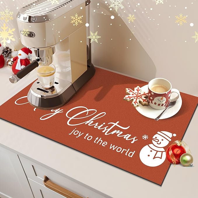 Findosom Christmas Dish Drying Mat, 12" x 20" Super Absorbent & Cuttable Dish Mat with Hello Sunshine Pattern, Hide Stain Drying Mat for Kitchen Counter Coffee Maker Dining Room Decoration, Red