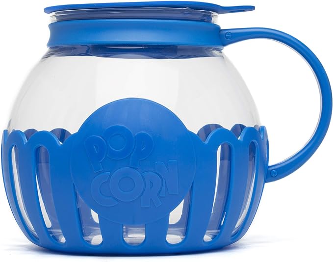 Ecolution Patented Micro-Pop Microwave Popcorn Popper with Temperature Safe Glass, 3-in-1 Lid Measures Kernels and Melts Butter, Made Without BPA, Dishwasher Safe, 3-Quart, Blue