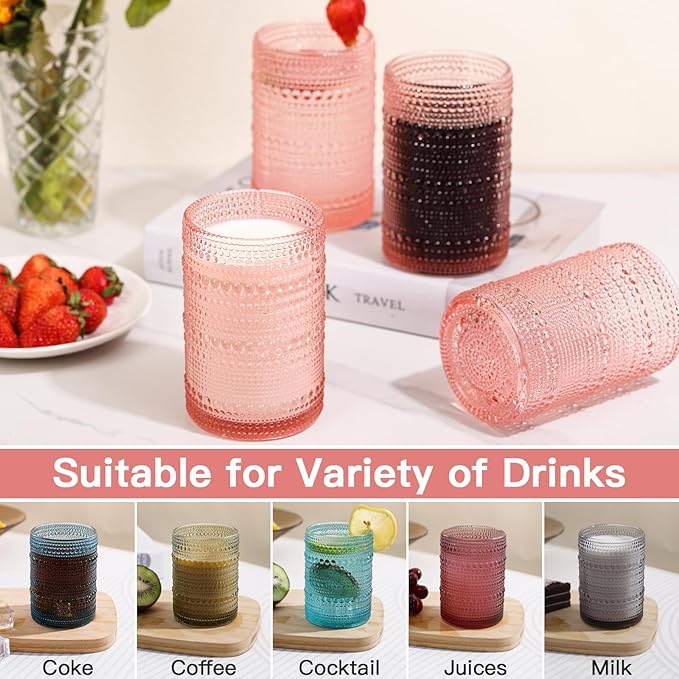 JOVGANK Pink Vintage Hobnail Drinking Glasses Set of 6, Water Tumbler 15oz, Kitchen & Bar Beaded Highball Glasses, Beverage Glass Cups for Water, Beer, Juice, Housewarming and Mother's Day Gift