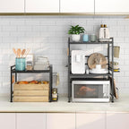 DOLALIKE Microwave Oven Rack, Expandable Microwave Stand Kitchen Countertop Organizer Utensils Storage, Carbon Steel Over Microwave Shelf with 3 Hooks (Black, 2 Tier- With Storage)