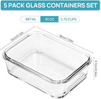 Vtopmart 5Pack 30oz Glass Storage Containers with Lids, Glass Meal Prep Food Container Sets with Snap Airtight Lids for Microwave, Oven, Freezer and Dishwasher, Grey