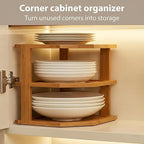 Plate Organizer for Cabinet - 3 Tier Bamboo Corner Shelf Cabinet Organizer for Plates, Bowls, Mugs and Pantry Storage, Space Saving Countertop and Cabinet Corner Shelf, 10 x 10 x 9.5 Inch, Bambusi | Kitchen Counter, Cabinet Space Saver, Plates, Dishes,...