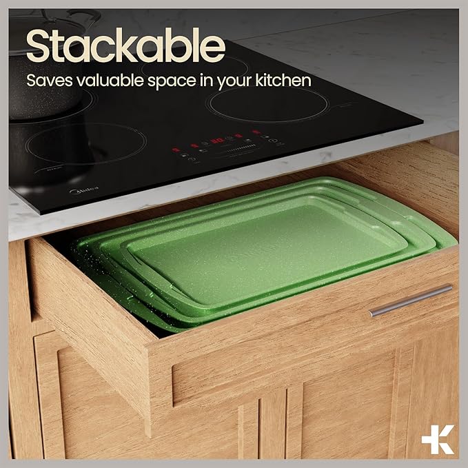 Green 10-Piece Bakeware Sets, Nonstick Carbon Steel Baking Sheet & Pans, Stackable Space-Saving Bakeware, Dishwasher Safe, Stain-resistant, PFOAPFOSPTFE Free, Oven Safe Up To 450°F (230°C)
