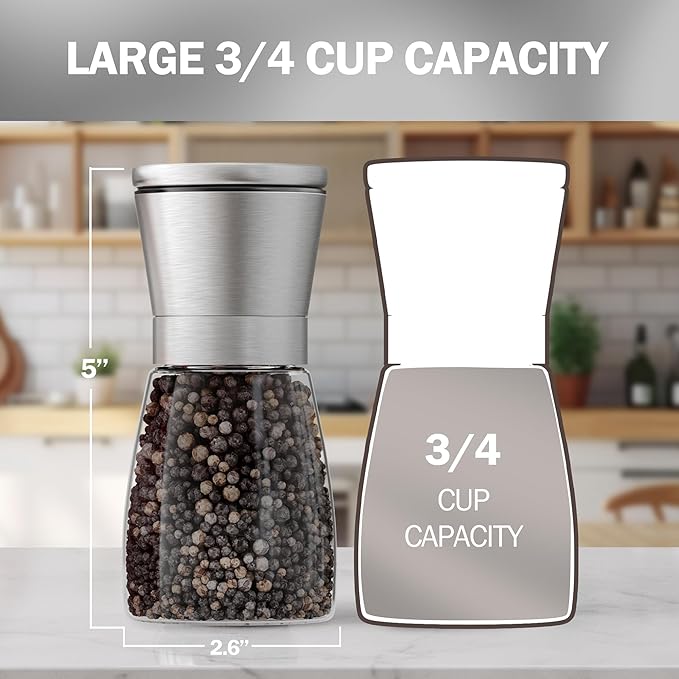 Home EC Original Stainless Steel Sea Salt and Pepper Grinder Set of 4 - Adjustable Ceramic - Glass Salt and Pepper Shakers Mills - Modern Kitchen Spice Mill W/Funnel & EBook