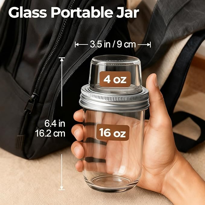 ComSaf Overnight Oats Containers with Lids (16OZ+4OZ, 2PCS) On-The-Go Dual-Laryer Yogurt Parfait Cups with Dry and Wet Separation Mason Jars for Chia Pudding Cereal Nut Fruit Meal Prep Salad