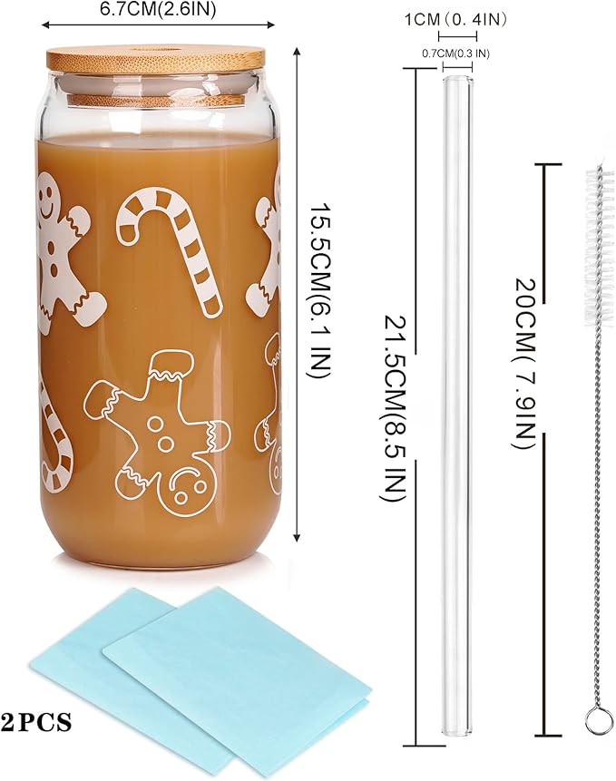 ANOTION Useful White Elephant Gifts for Adults Holiday - New Year Gift 18oz Christmas Coffee Mugs Glass Cups with Lids and Straws Gingerbread Tumbler Drinking Glassware Drinkware Gifts for Women