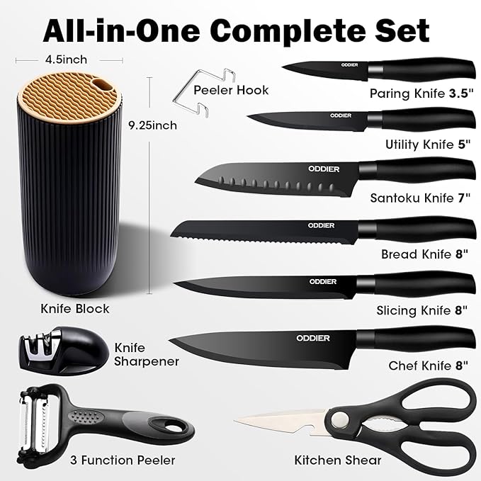 Knife Set, 10 Piece Kitchen Knife Set, Stainless Steel Knives Set for Kitchen, Universal Knife Block Set, Kitchen Kinfe Essentials, New Home Apartment Essentials, Dishwasher Safe (Black)