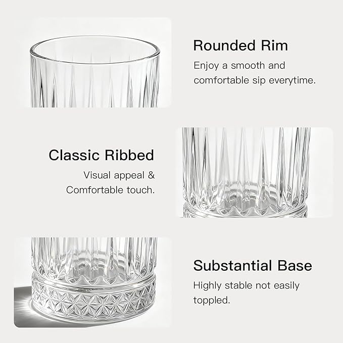 Ruckae Drinking Glasses Set of 8,15 oz and 7 oz Kitchen Water Glass Cups Set,Clear Ribbed Glassware Dishwasher Safe,Mixed Drinkware for Beer,Juice,Cocktail,Whiskey,Milk and Various Mixed Drinks