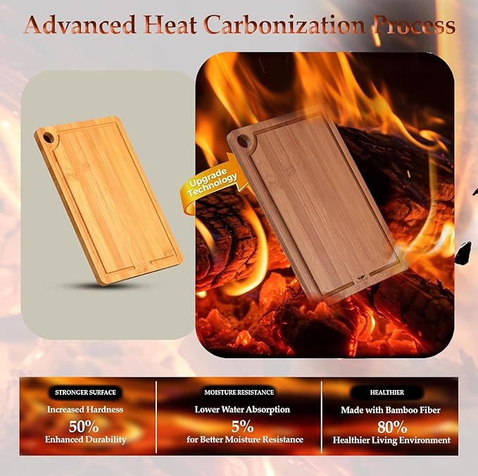 Bamboo Cutting Board for Kitchen, Wooden Cutting Board 3-Piece Set with Non-Slip Mat Deep Juice Groove, Wood Cutting Board for Meat Vegetables Fruit