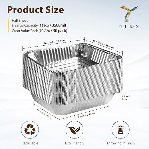 YLT WAX 9x13 Disposable Aluminum Foil Pans 30 Pack, Durable Half Size Deep Extra Heavy Duty Food Containers for Baking, Cooking, Roasting, Heating or Steam Table