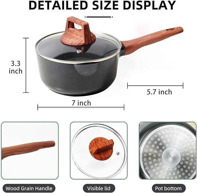 3-Piece Granite Non-Stick Cookware Set - 9.5" Frying Pan, Skillet, 7" Sauce Pot with Lid - PFOA Free