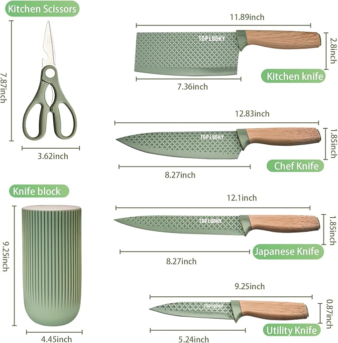 Green Knife Set, 6 Pieces Professional Kitchen Knife Set with Universal Knife Block, Super Sharp Knife Set with Ergonomic Handle Non-stick Stainless Steel Knife Block Set (Green)