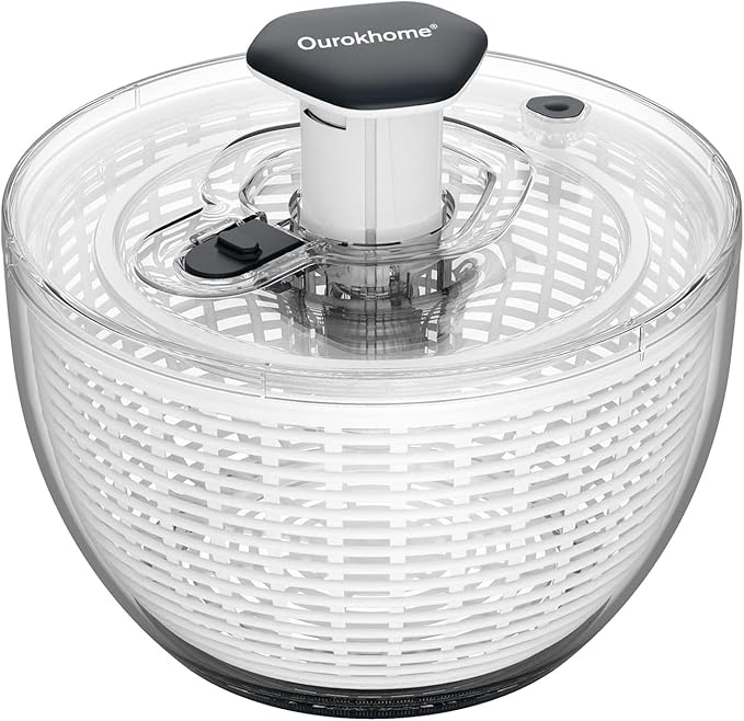 Ourokhome 6.3 QT Salad Spinner with Fully Removable Lid, Large Lettuce Dryer with One-Hand Press Pump, Instant Stop Brake Button and Retractable Handle, Vegetable Washer & Spinner for Greens and Herbs