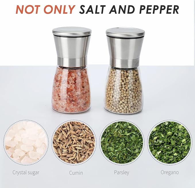 Ebaco Salt and Pepper Grinder Set - Refillable Grinder Adjustable Coarseness of Pepper Salt Spice Stainless Steel Mills Glass 6oz（2 Pack）