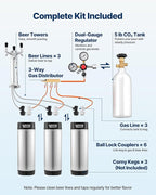 VEVOR Beer Kegerator, Triple Tap Commercial Draft Beer Dispenser for D system, Full Size Keg Refrigerator with 5lbs CO2 Tank, Hold 3 Sixth/2 Slim/3 Ball lock keg (3 taps - ball lock)