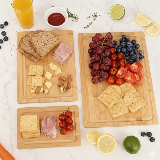 Bamboo Cutting Board Set of 3 with Stand, Wood Chopping Boards for Kitchen, Reversible Butcher Block with Juice Groove & Handle, Different Size Boards for Meat, Vegetables, Fruit, Charcuterie