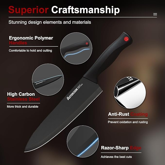 Knife Set, Astercook 15 Pieces Knife Sets for Kitchen with Block, Dishwasher Safe Kitchen Knife Set with Built in Sharpener Block, German Stainless Steel Knife Block Set, Valentine's Gift